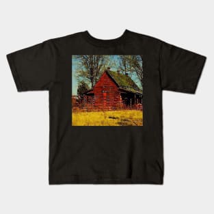 Watercolor Autumn landscape Primitive western country red barn Kids T-Shirt